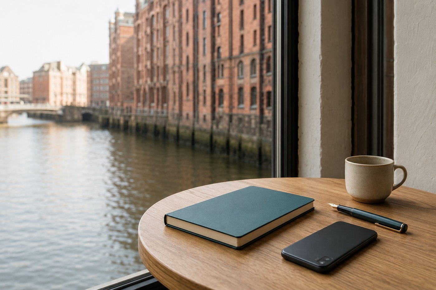 A notebook and pen beside a window overlooking Hamburg’s Speicherstadt